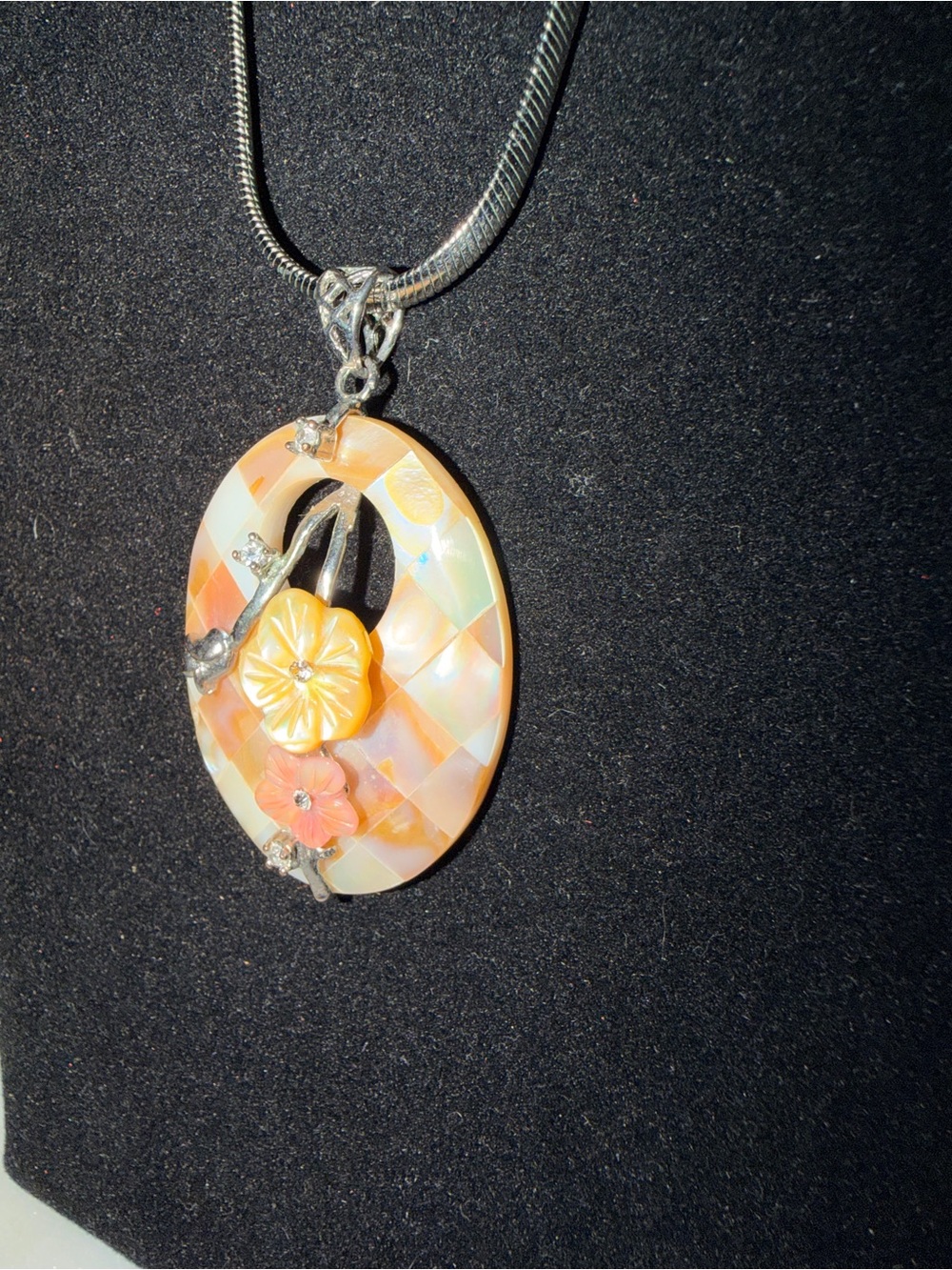 Mosaic Mother-of-Pearl Floral Pendant Necklace with Two-Tone Flower Accents - Picture 6 of 11